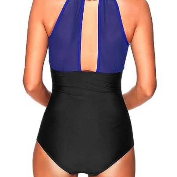 Elegant Blue and Black One Piece with Illusion Halter, Size S - Picture 2 of 3